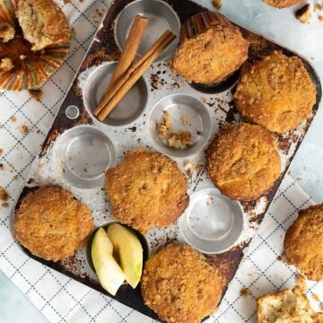 Over the head shot showcasing apple cinnamon muffins.