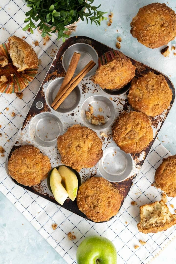 Over the head shot showcasing apple cinnamon muffins.