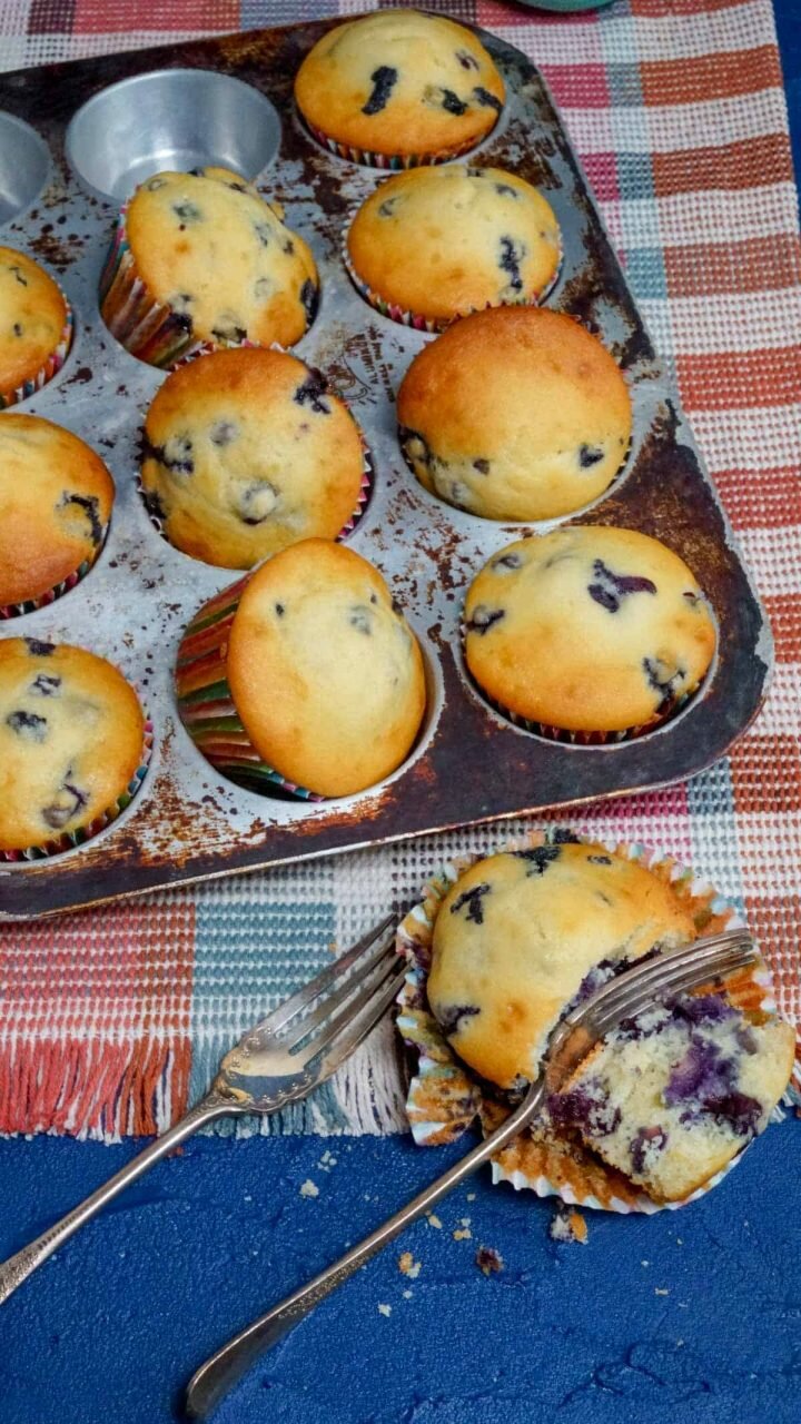 Tray of blueberry muffin shot from the top.