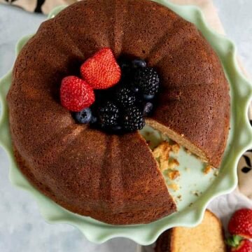 Over the head shot of the cream cheese pound cake.