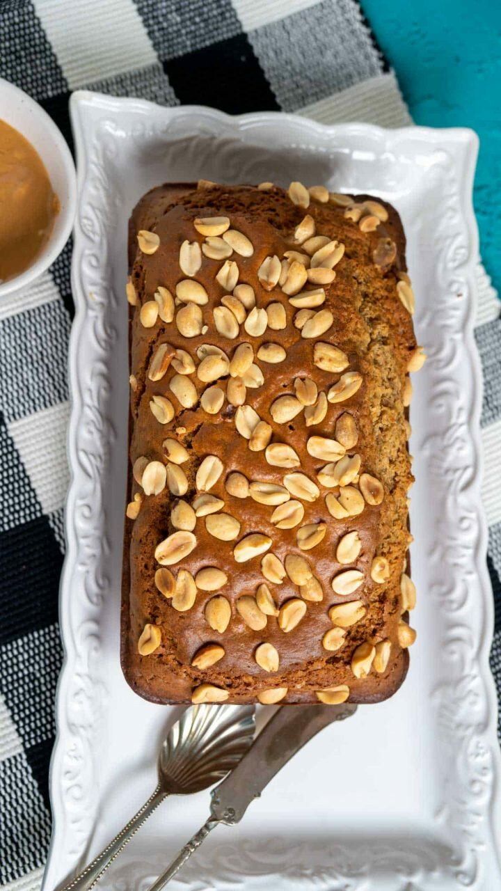 Full shot of the peanut butter bread on the white plate.