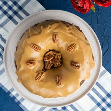 over the head shot of the Southern Pecan Praline Bundt Cake.