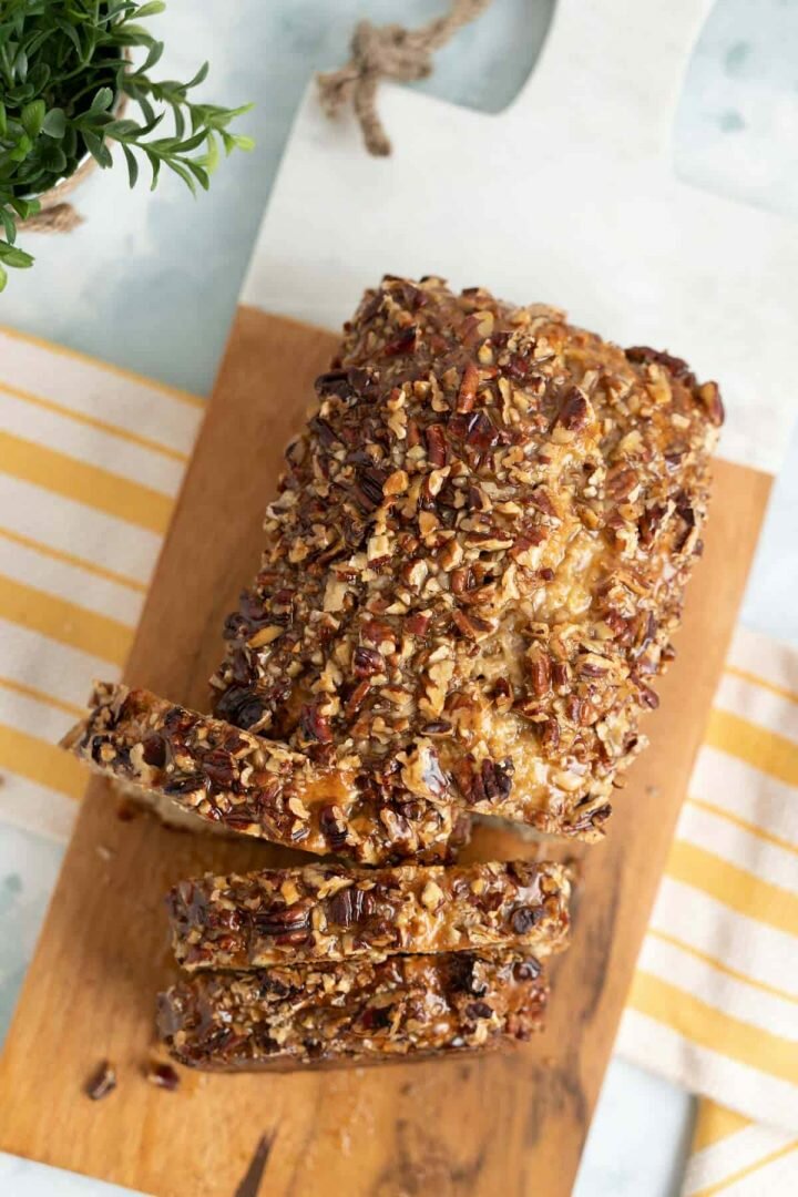 Over the head shot of the praline apple bread.