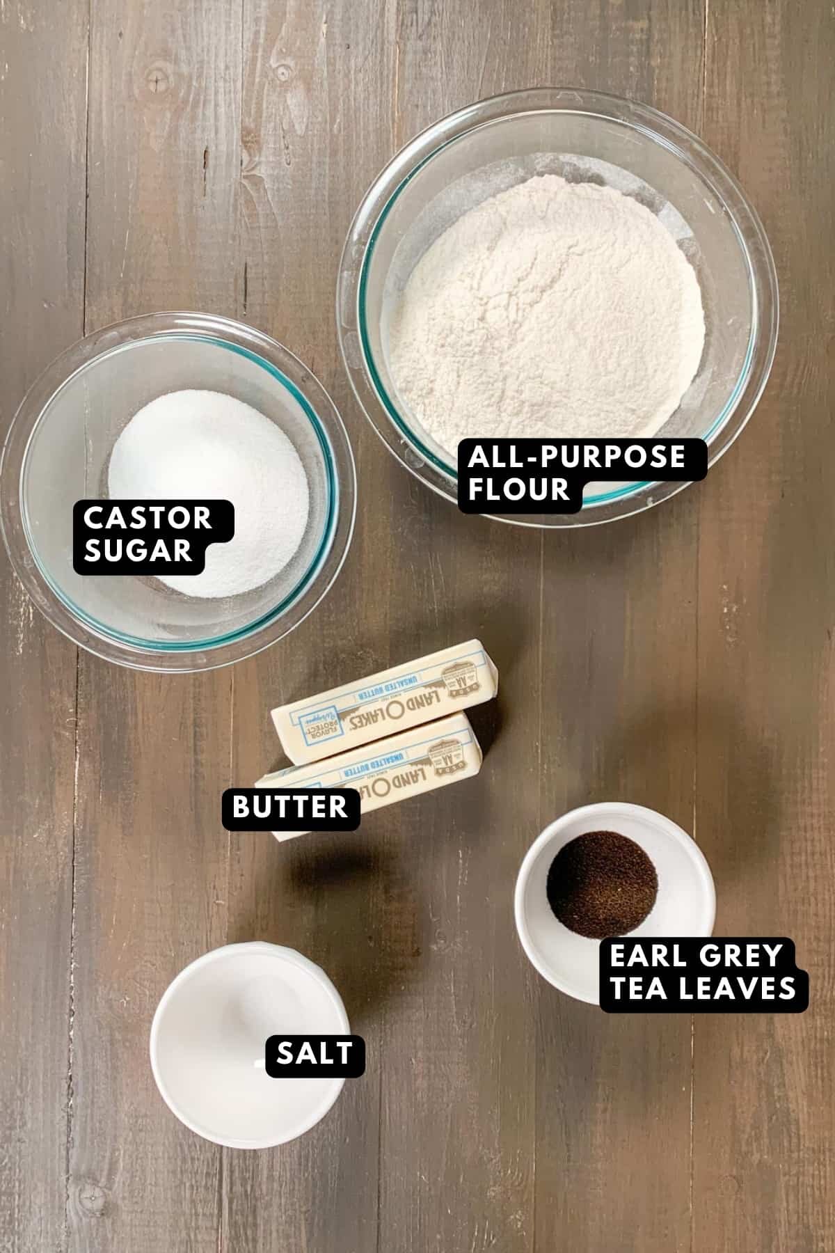 ingredients list for the earl grey shortbread cookies.