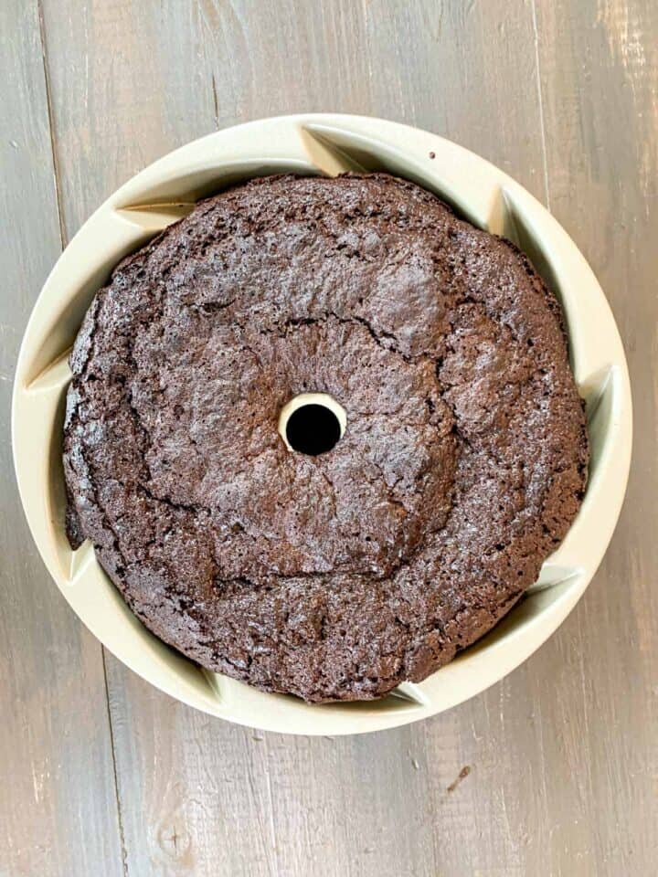 baked cake out of the oven in the bundt pan.