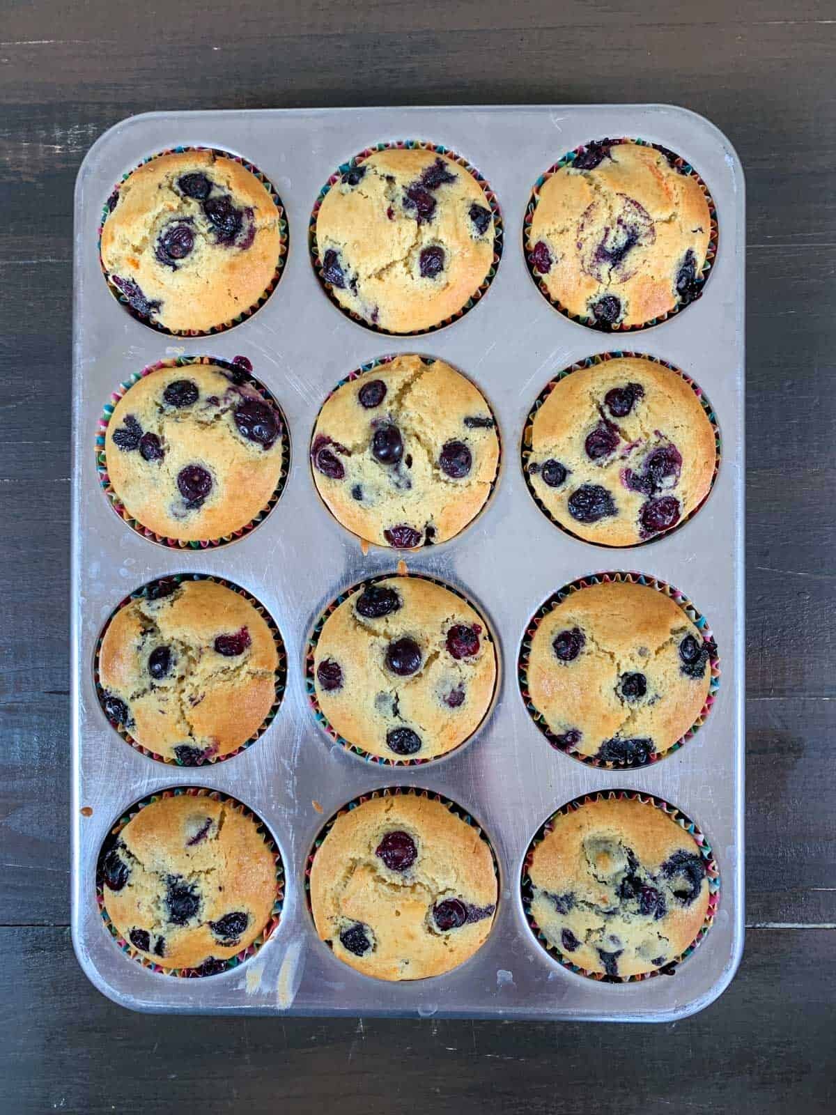 baked muffins out of the oven in the muffin tin.